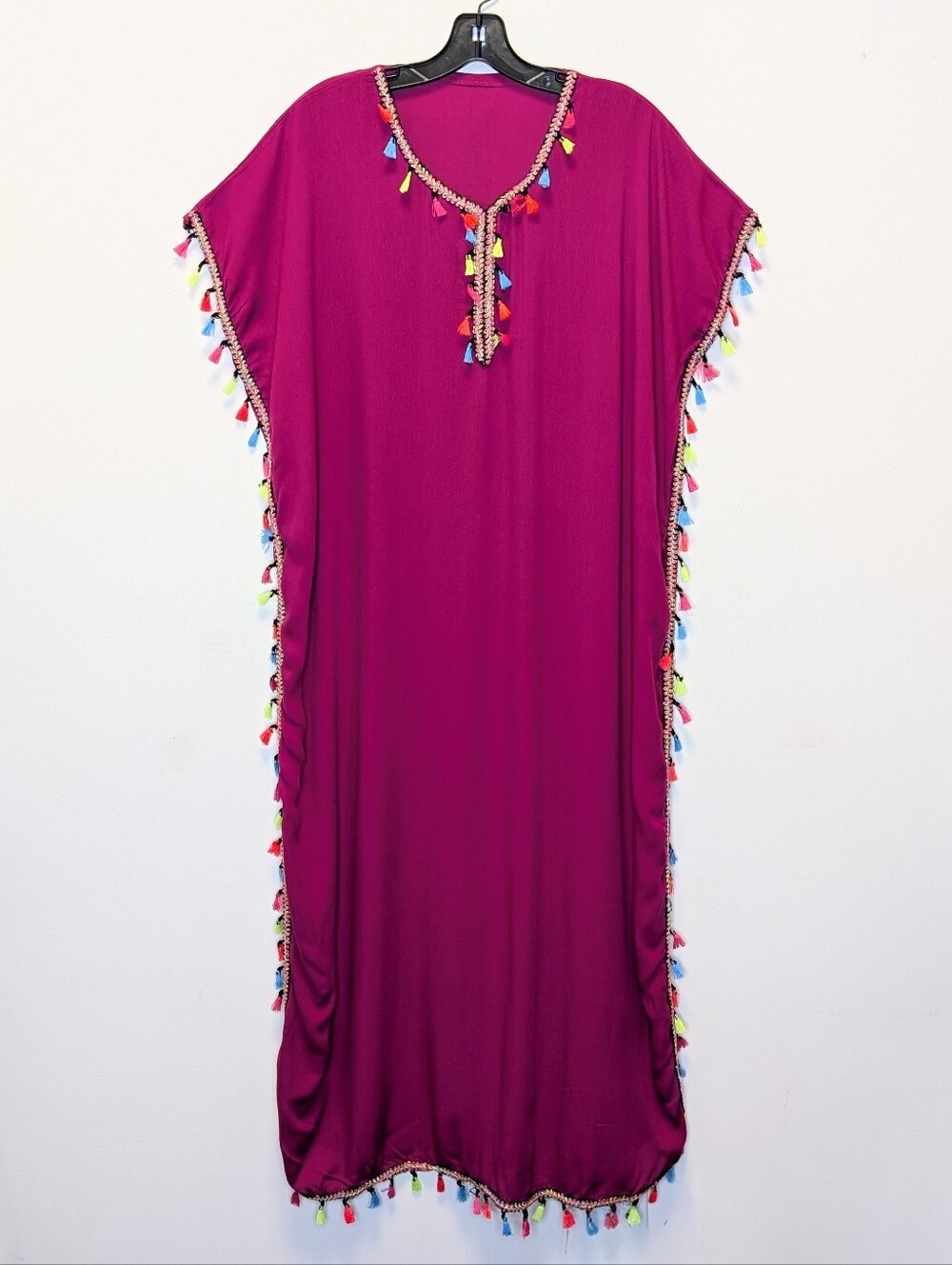 Fuchsia Tassel Trim Boho Caftan Maxi Dress Cover Up